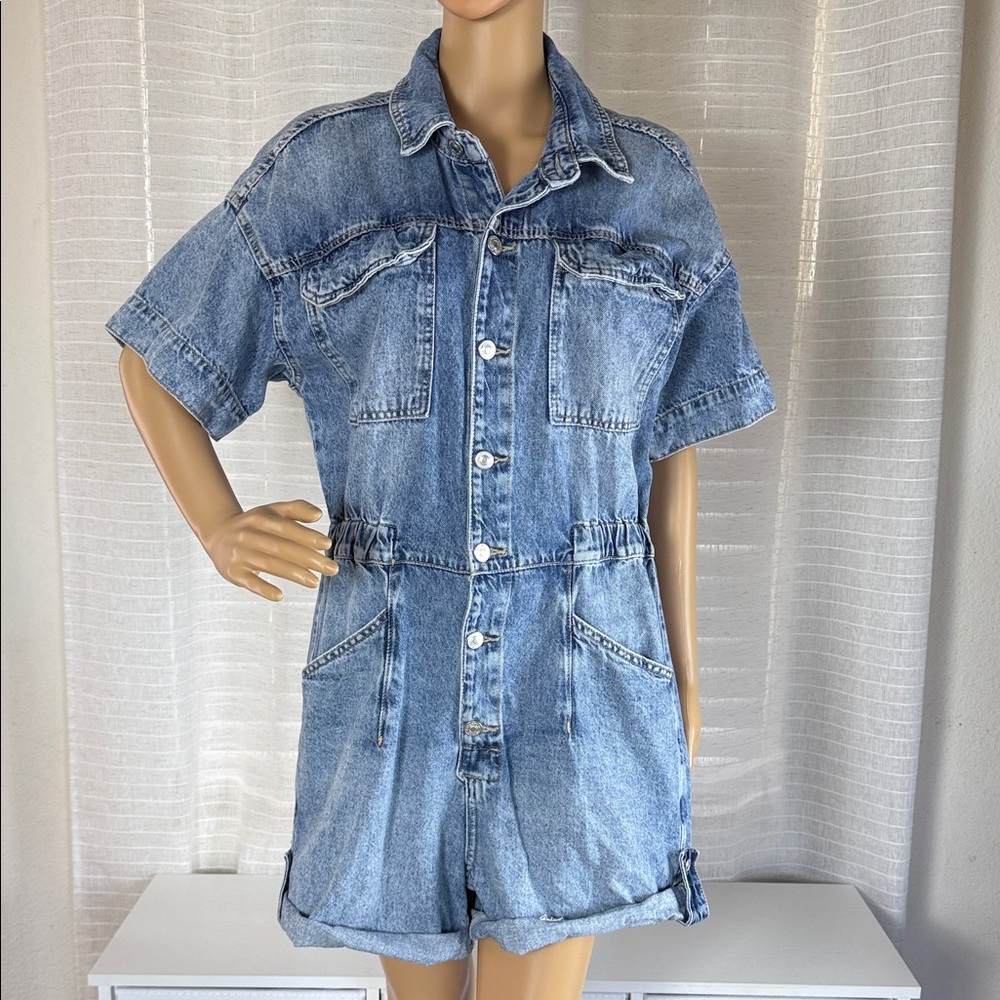 We The Free Light Blue Denim Jean Jumpsuit, Medium
